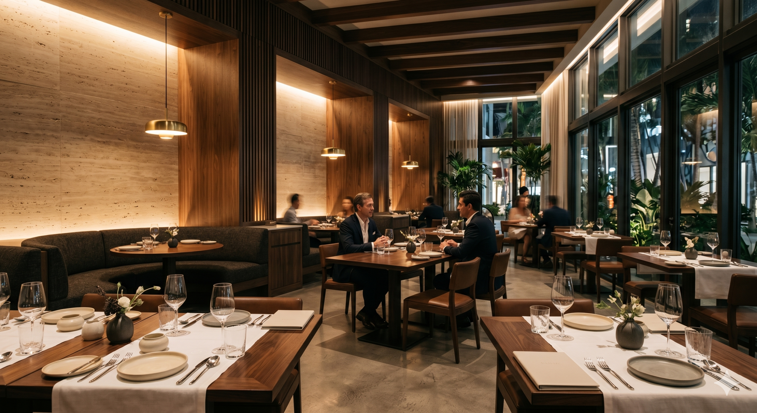 Diseño interior sofisticado de un restaurante de alta gastronomía en Miami.